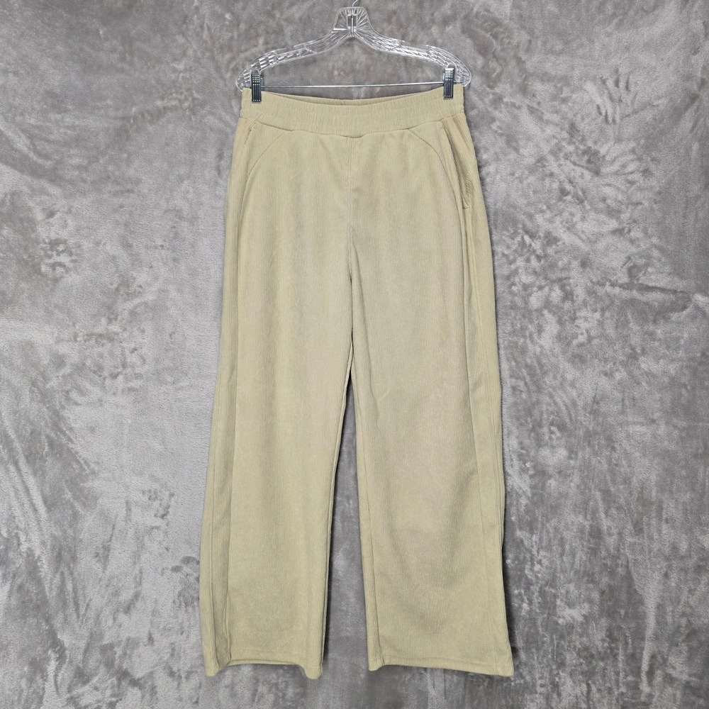 Halara Women Wide Leg Ribbed Corduroy Pants Beige‎ High Waist Elastic Pockets L